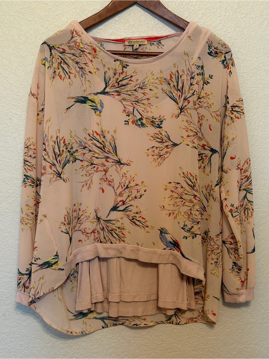 Democracy Tops - Democracy Pink/Peach Floral Bird Print Long Sleeve Two Piece Blouse Top Medium